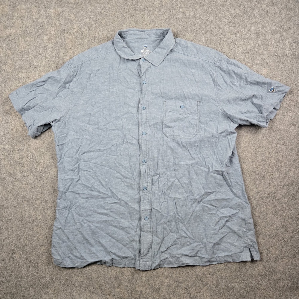 Kuhl Button Up Shirt Mens XL Blue Hemp Blend Short Sleeve Hiking Outdoor